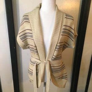 Tan short sleeve tie cardigan and neutral stripes